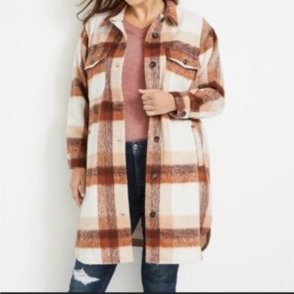Maurices Plaid Longline Coat - Brown and Cream